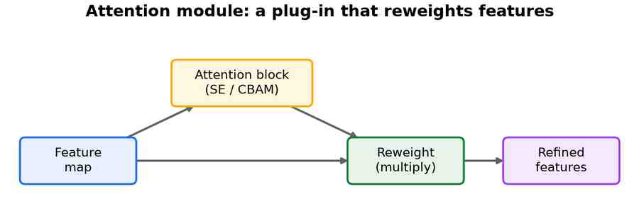 A feature map branches: one path into an attention block labelled SE or CBAM, which then multiplies back into the main path at a reweight node, producing refined features