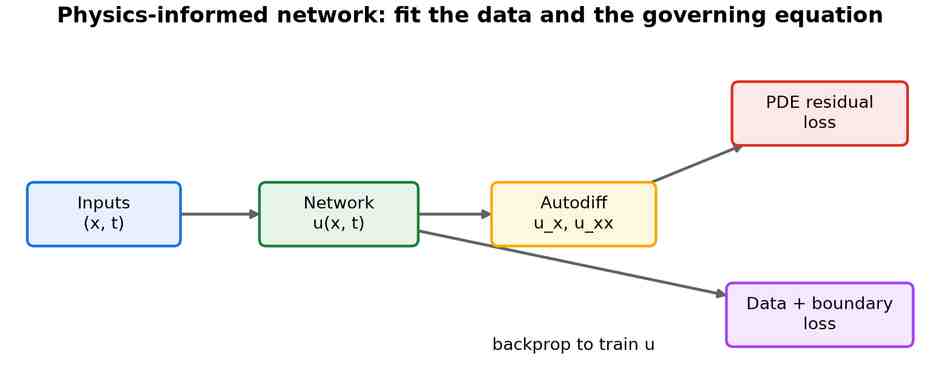 Inputs x and t feeding a network u, automatic differentiation of its derivatives, and a PDE-residual loss plus a data and boundary loss