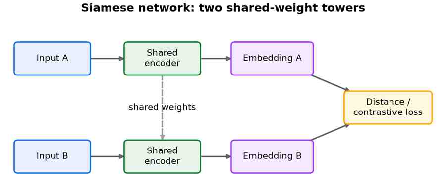 Two parallel towers with a dashed shared-weights link: input A through a shared encoder to embedding A, input B through the same shared encoder to embedding B, both feeding a distance or contrastive loss