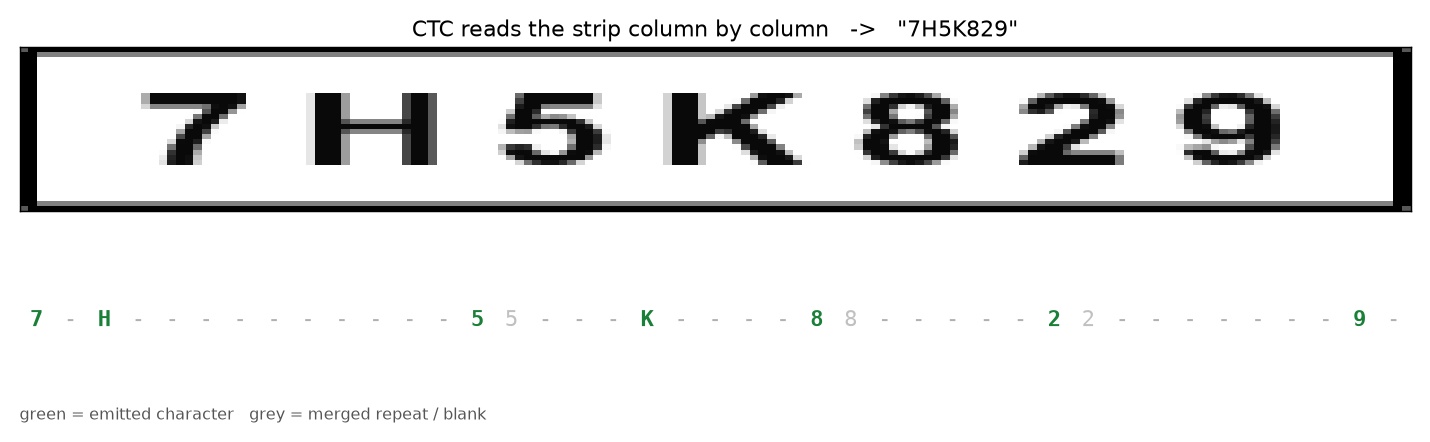 Per-column CTC predictions collapsing to the decoded plate string