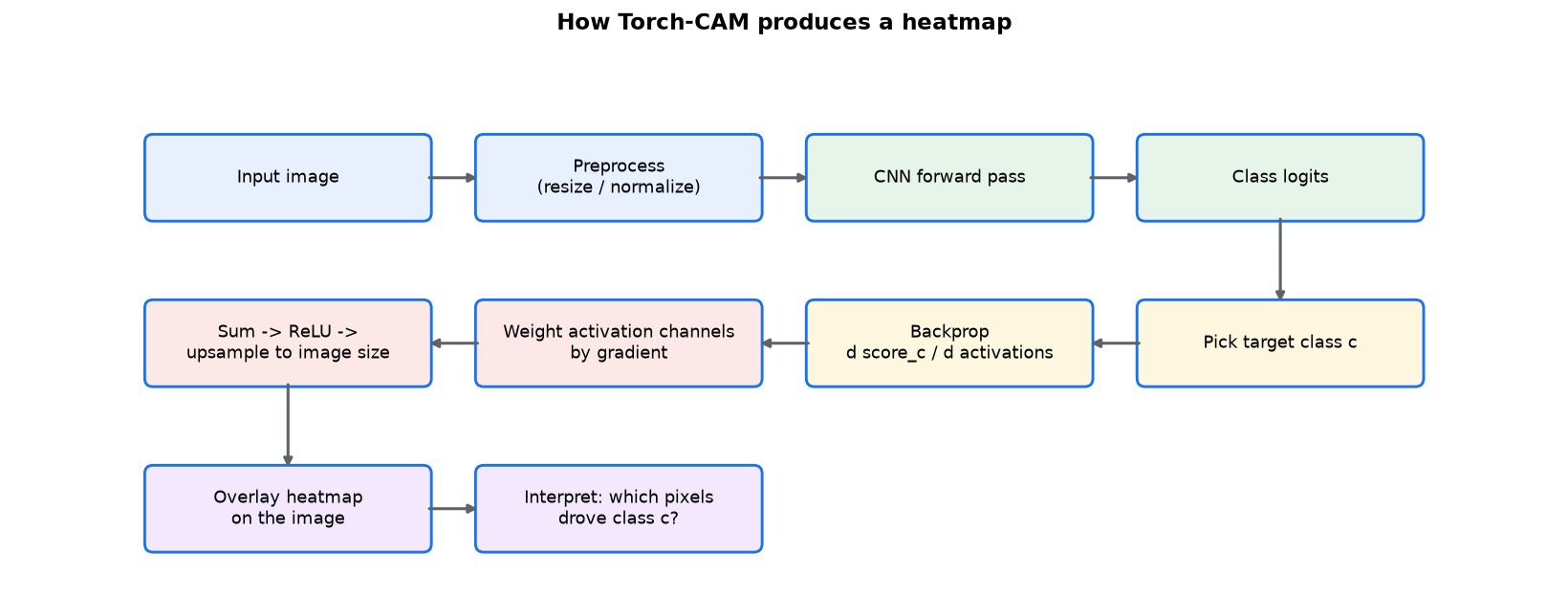 Flowchart: image to preprocess to forward pass to logits to target class to backprop to weighted activations to heatmap overlay